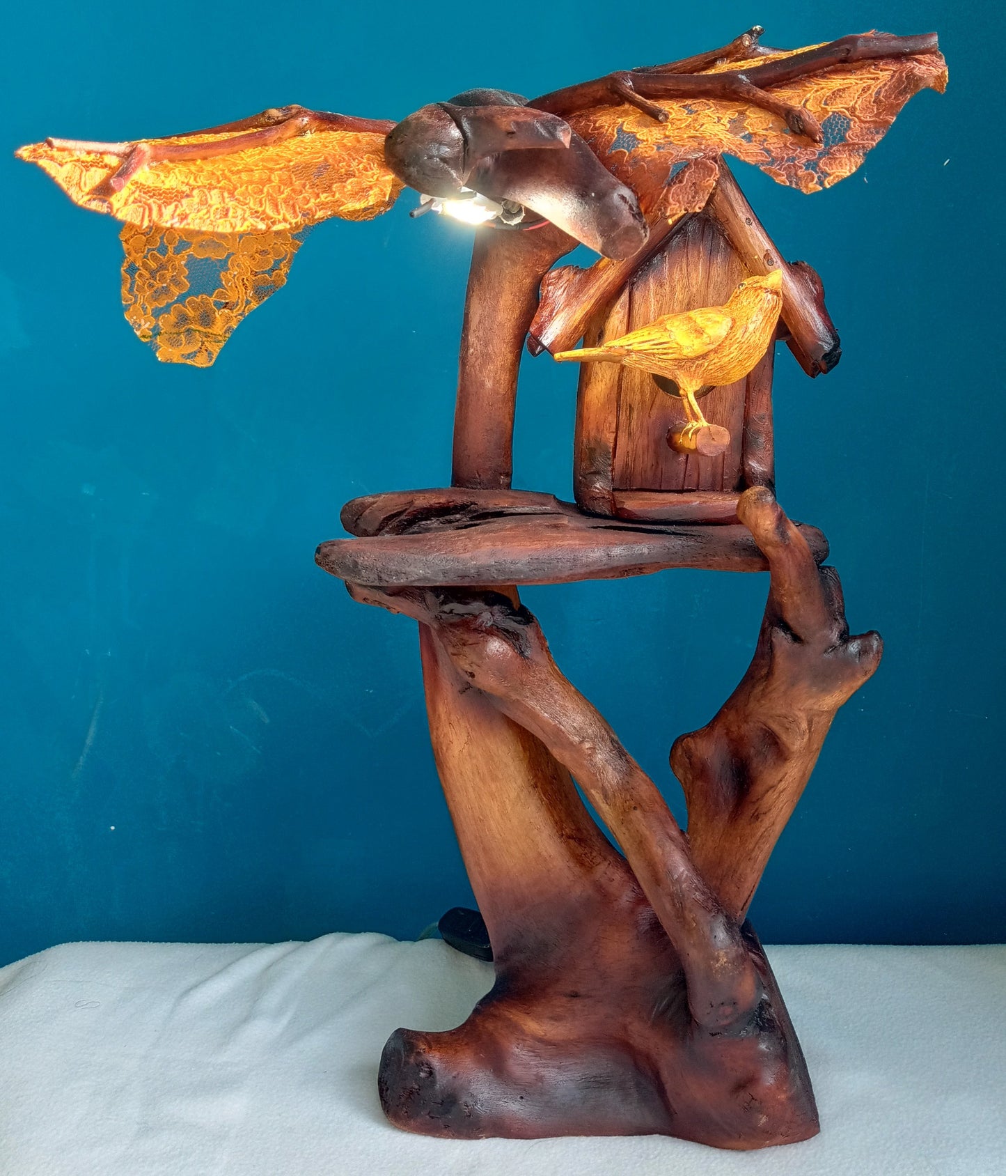 Driftwood Lamp - Sparrow Bird - Blue Background 