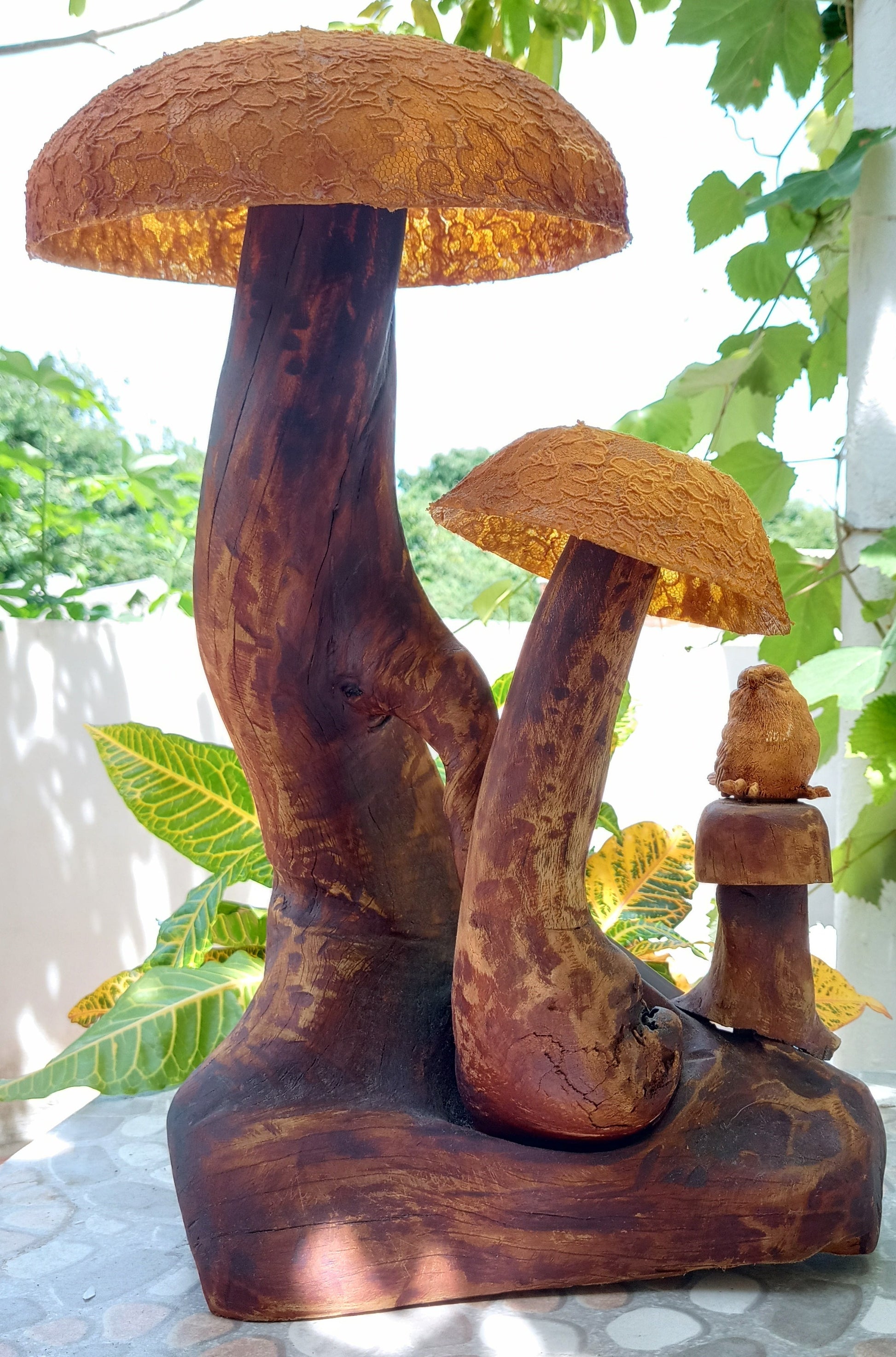 Driftwood Office Lamp - Mushrooms Style - nature background - kmnk deco