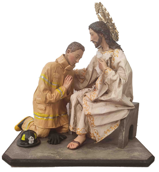 Tribute to Firefighter Community - catholic art - Jesus and Fireman - kmnk deco