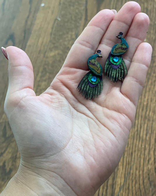Peacock Light Emerald Earrings - hand decorated - kmnk deco