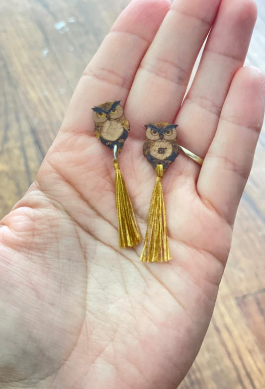 Owl Brown Earrings | Bird Inspired Small Earrings - hand decorated - kmnk deco